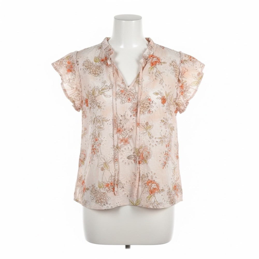 Solitaire Blouse XL Peach Eyelet Floral Ruffle Sleeve Cottagecore Boho Peasant